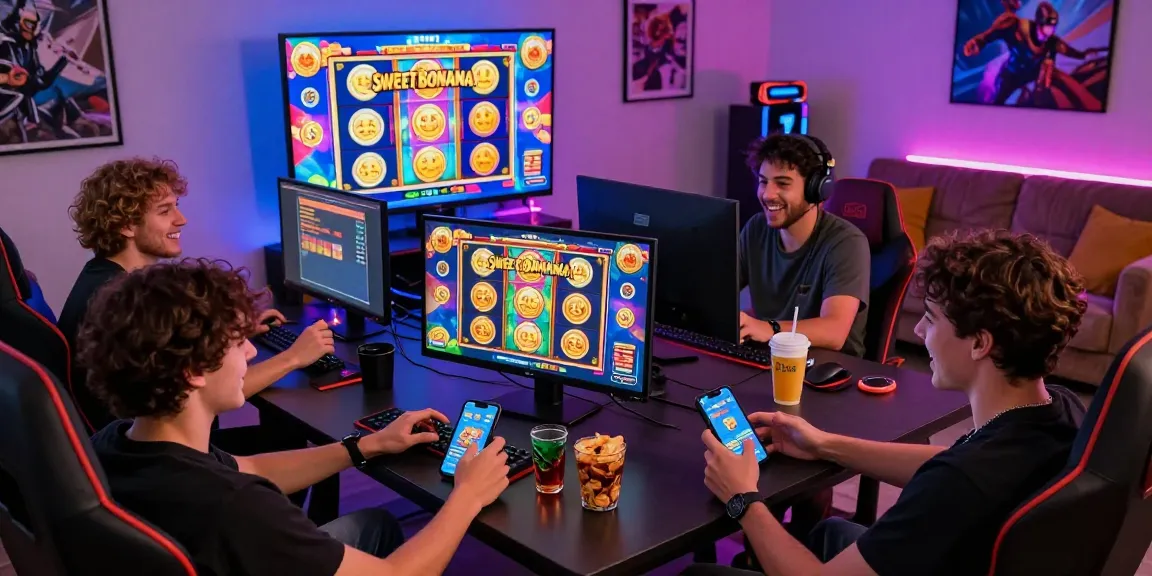 Friends enjoying Sweet Bonanza slot game in a vibrant gaming atmosphere, excitement and rewards highlighted.