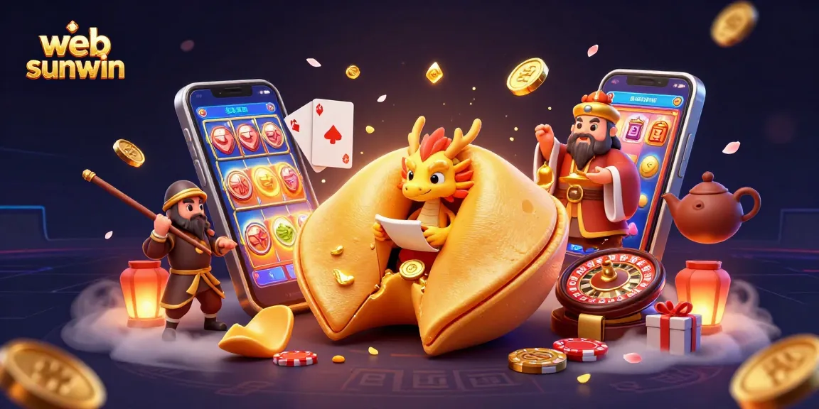 Spin to win with web sunwin featuring a golden fortune cookie, wise dragon, and vibrant casino elements.
