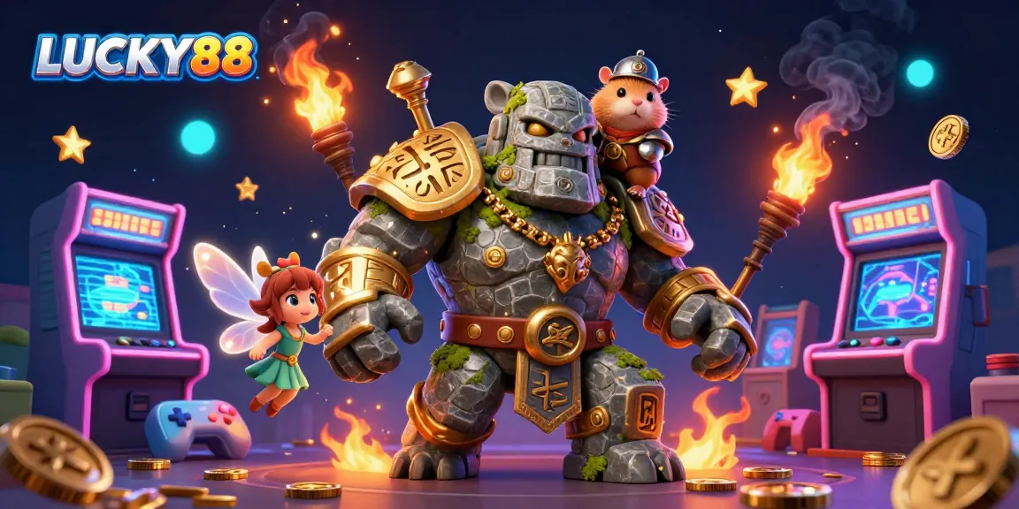 Engage with LUCKY88’s exciting 3D gaming environment featuring vibrant characters and dynamic casino elements.