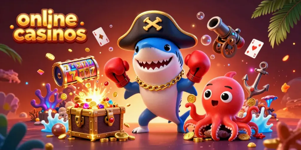 Engage with thrilling online casinos featuring a shark, pufferfish, and octopus amidst treasure.