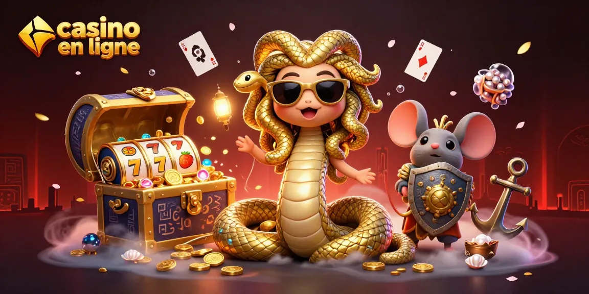 Illustration dynamique de Méduse et d'un guerrier souris avec des éléments de casino en ligne