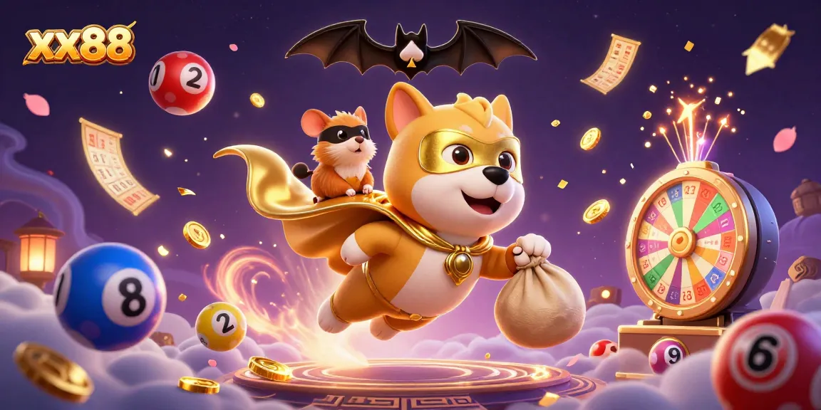 Experience excitement with xx88 as our superhero dog delivers gold coins amidst vibrant lottery fun!