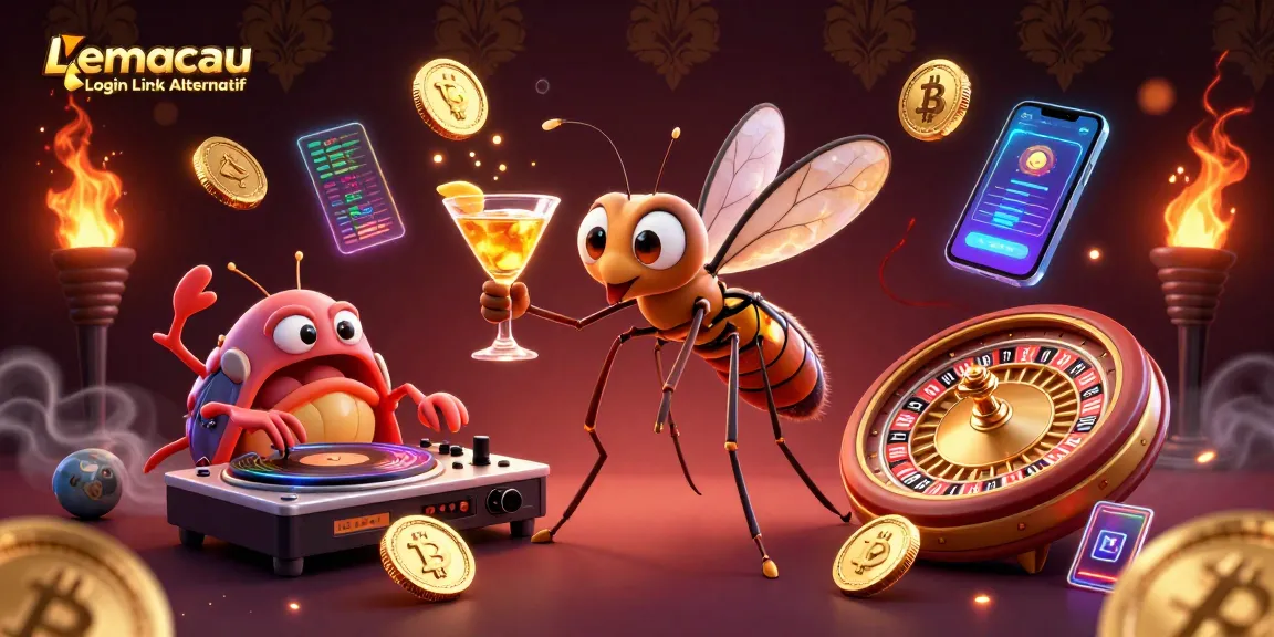 Engage with Lemacau Login Link Alternatif showcasing a vibrant casino scene with animated characters and cryptocurrencies.