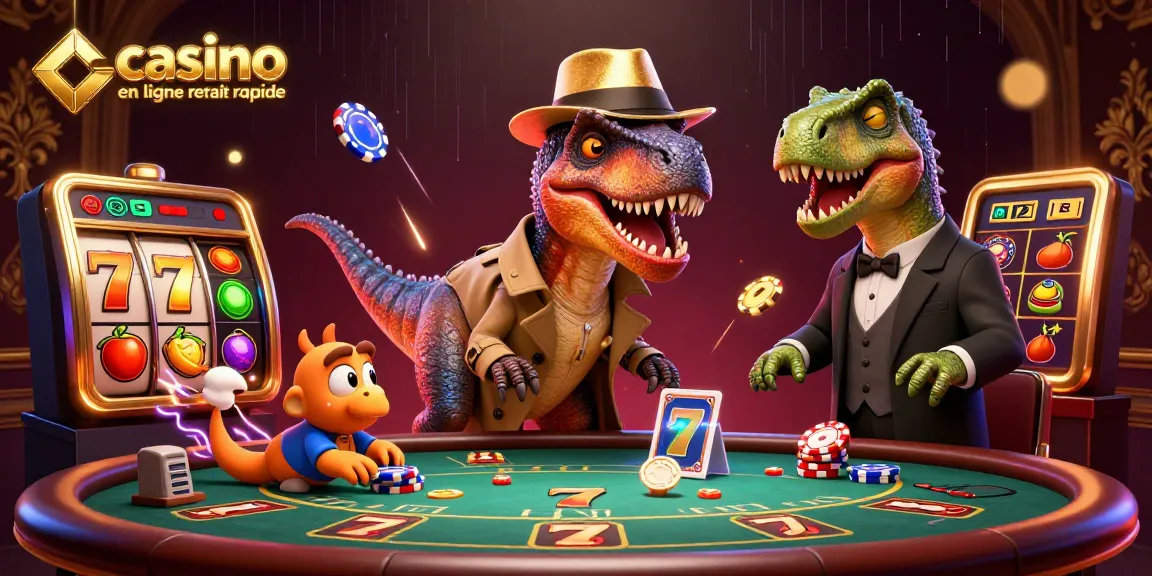 Profitez de l'excitation du casino en ligne retrait rapide avec un velociraptor tentant de jouer aux cartes.