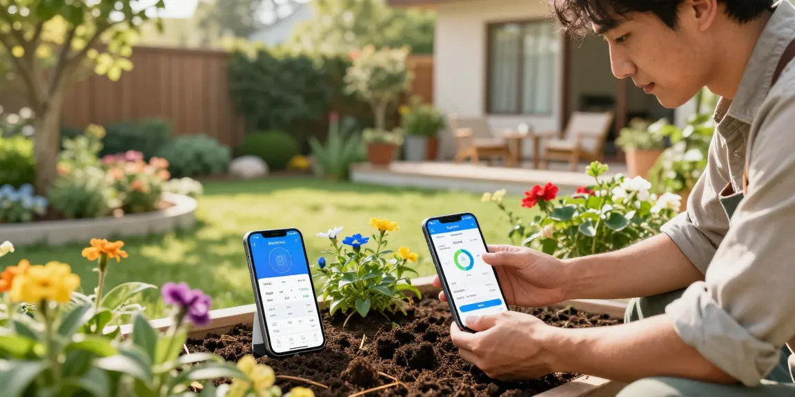 Gardener using a RainPoint WiFi water timer in a vibrant garden, showcasing smart irrigation setup.
