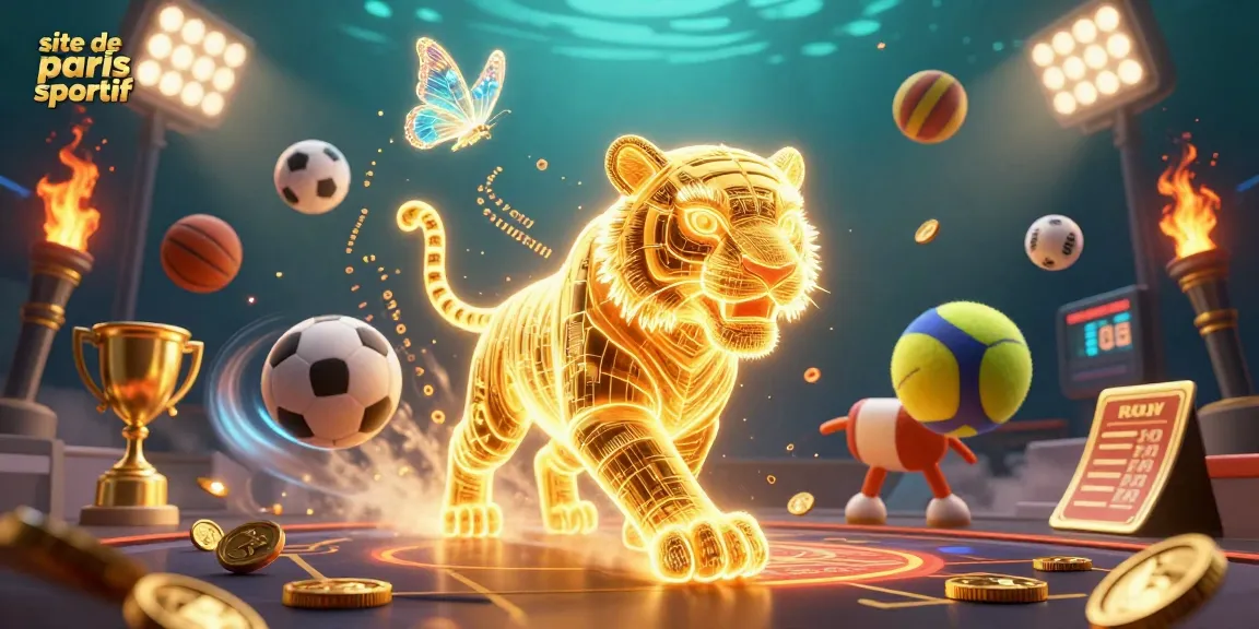 Pariez sur le site de paris sportif avec une illustration dynamique d'un tigre en lumière, des ballons de sport et des effets de casino.