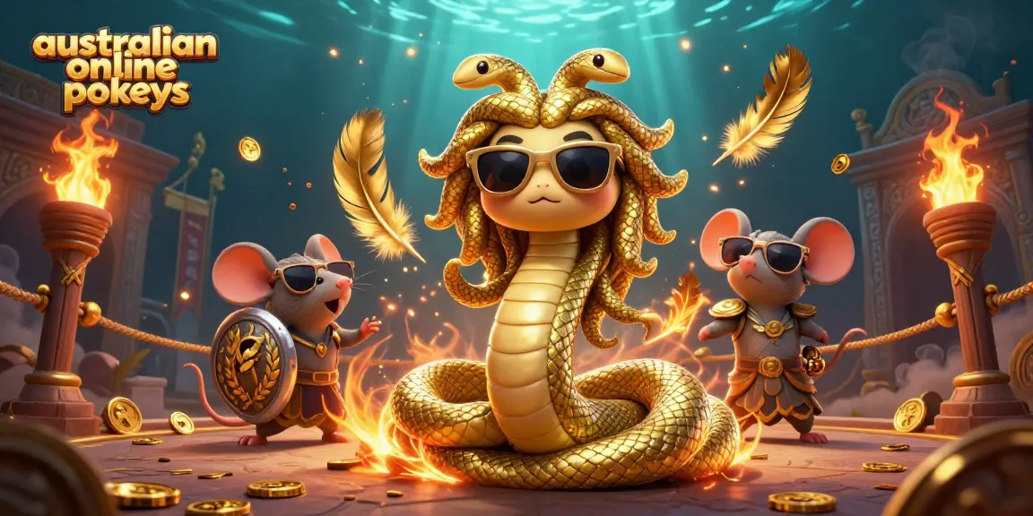 Experience the excitement of australian online pokies with a lively 3D illustration featuring Medusa and a warrior mouse.