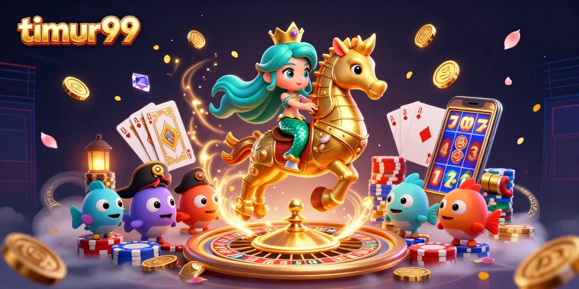 timur99 showcases an exciting casino-themed illustration with a mermaid princess, seahorse, and dynamic gaming elements.