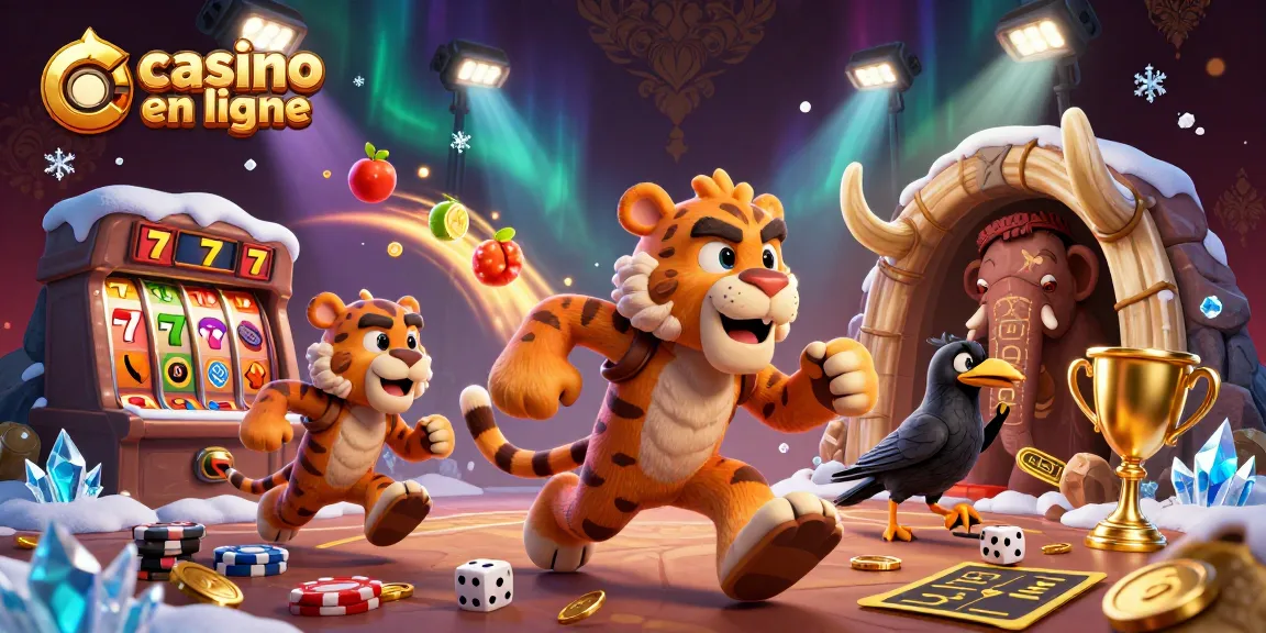 Visuel dynamique d'un casino en ligne avec un homme de Cro-Magnon et un tigre à dents de sabre jouant aux machines à sous.