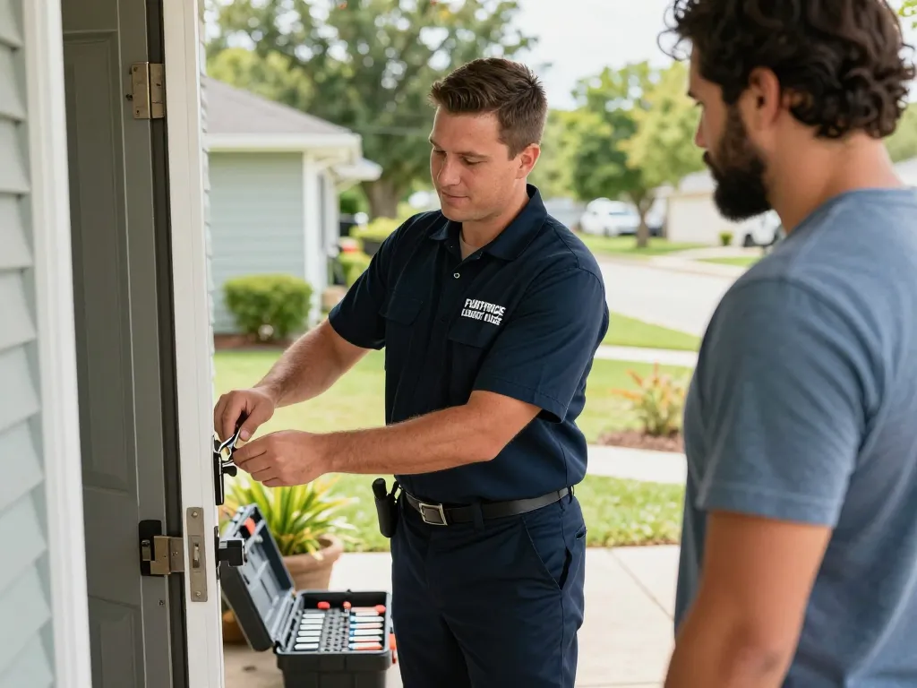 Professional assisting with Fort Pierce locksmith services outside a suburban home.