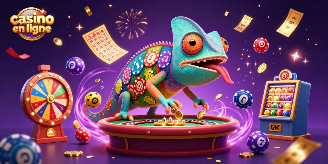 Plongez dans l'univers vibrant du casino en ligne avec un propriétaire caméléon captivant, entouré de jeux et de gains.
