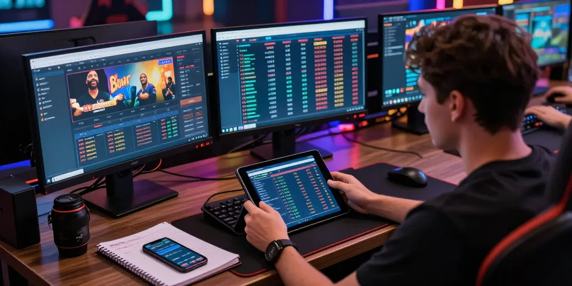 Engaged user analyzing 토토사이트 platforms with multiple screens in an immersive online gambling setup