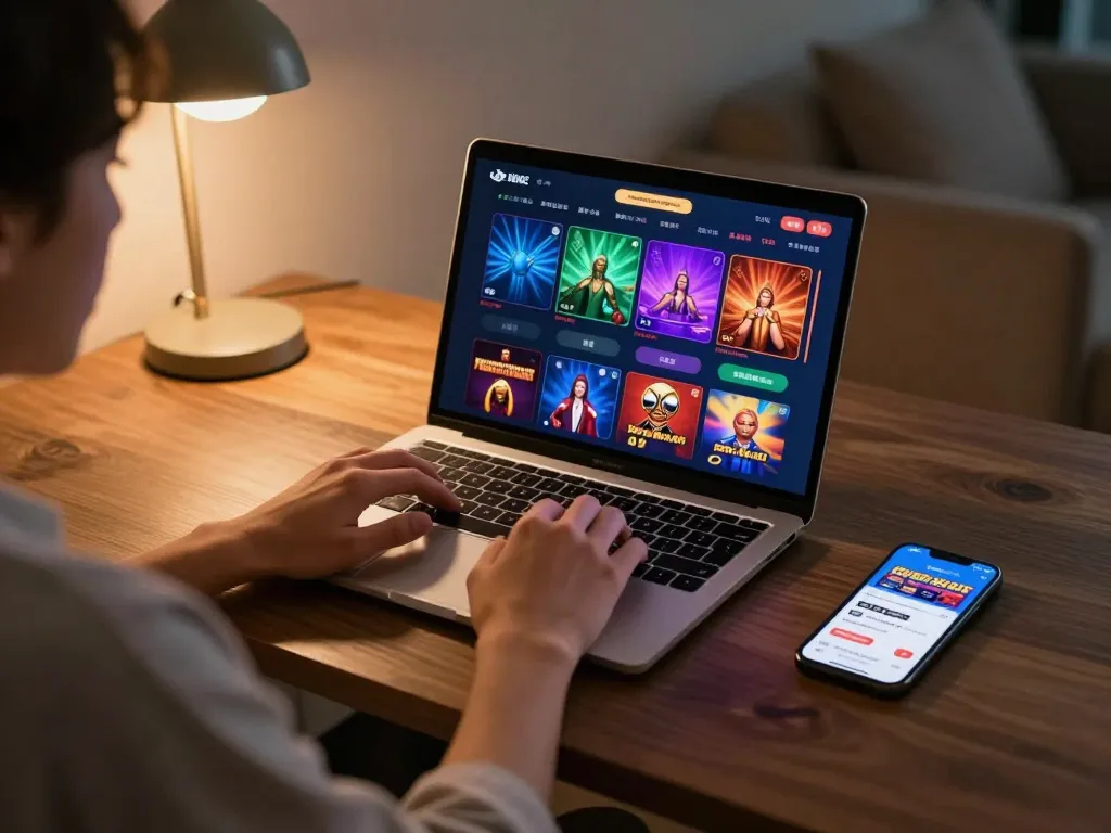 Player engaging in online casino gaming on tr88 com with dashboard and mobile app on display.