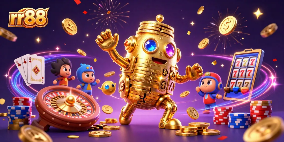 Experience the excitement of rr88 with dynamic casino elements and fun characters in this vibrant illustration.