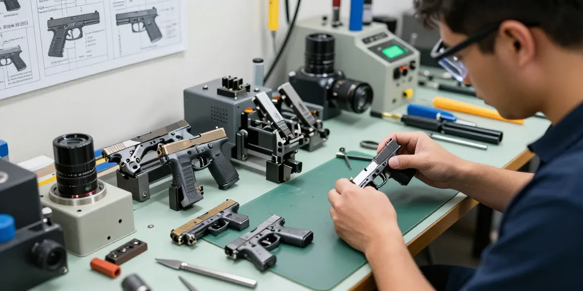 Custom Glock slides assembly at https://precisionglockslides.com with precision tools in a professional workshop.