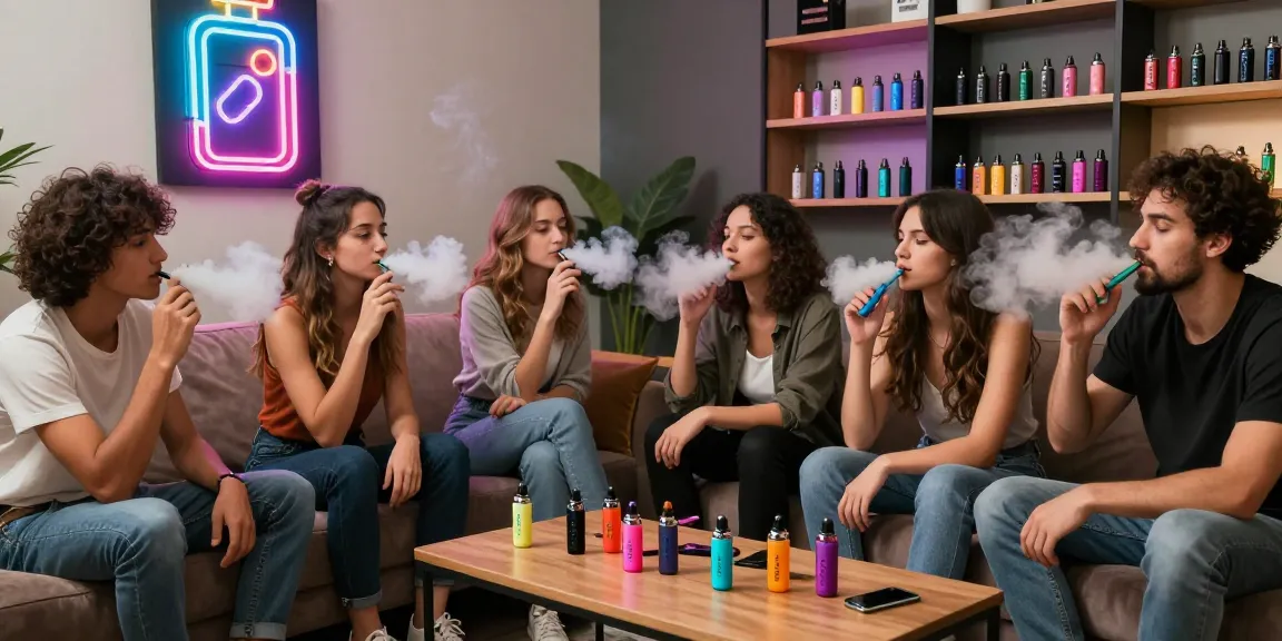 Friends enjoying the vape culture at 蒸氣天堂 lounge with colorful vape pens.