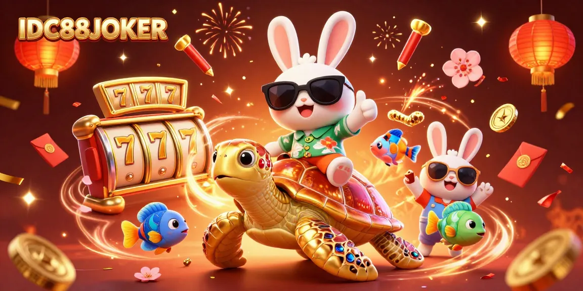 Play and win big with the lucky rabbit at IDC88JOKER, surrounded by vibrant casino elements.