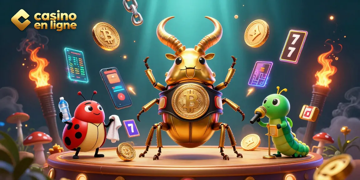 Illustration dynamique de casino en ligne, mettant en scène un scarabée doré et des éléments de jeu.