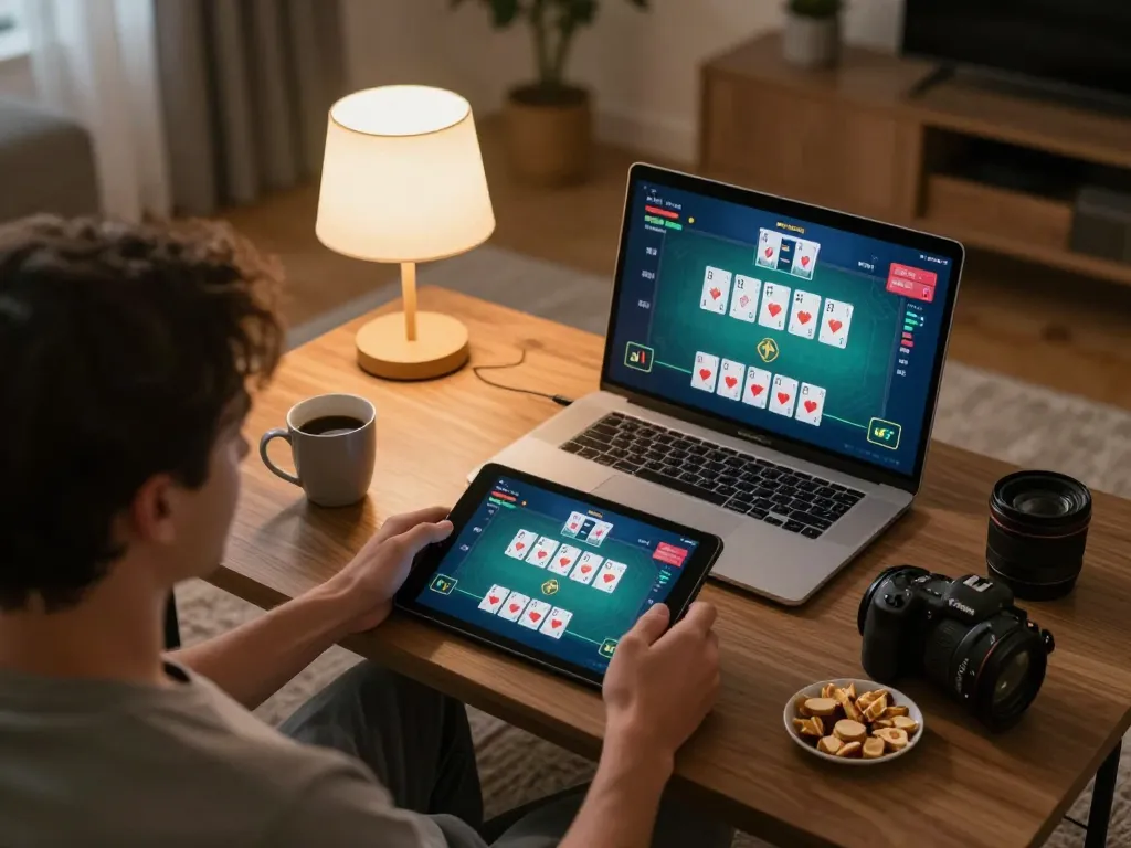 Player enjoying an online game at 8xbet on a tablet in a cozy home environment.