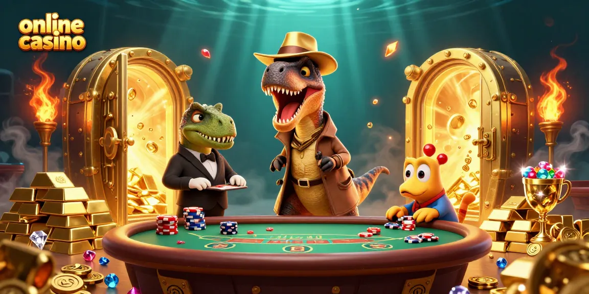 Gioca online casino con un velociraptor al blackjack in un ambiente d'oro scintillante.