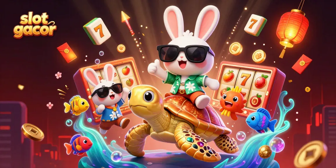 Experience thrilling slot gacor action with a lucky rabbit and golden turtle amidst dynamic casino elements.