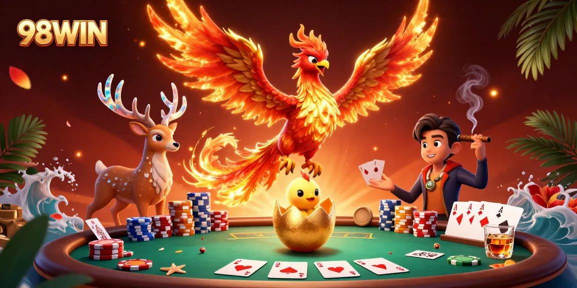 Experience the exciting world of 98WIN with vibrant 3D casino imagery featuring dynamic, engaging gaming elements.