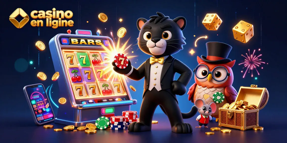 Gagnez avec le casino en ligne : illustration 3D d'une panthère en costume, hibou avec jetons, et une souris porte-bonheur.