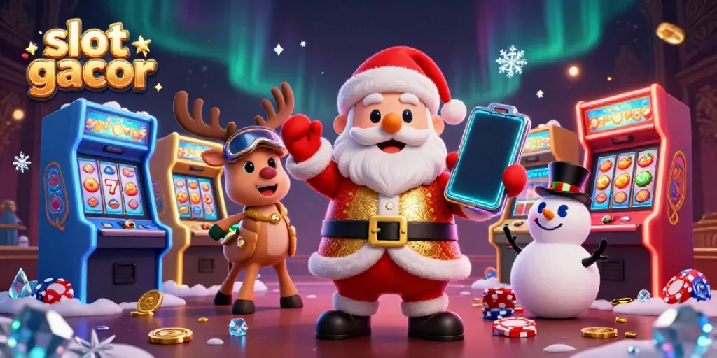 Engaging illustration of Santa Claus themed around slot gacor, showcasing festive casino elements.