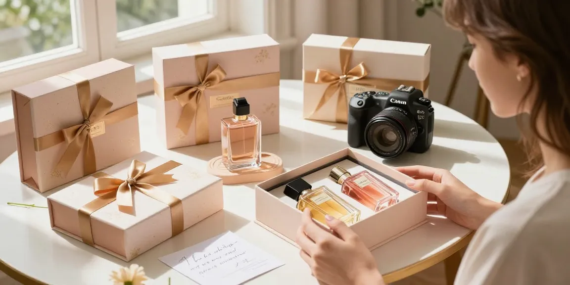 Elegant perfume gift sets displayed beautifully with a person unboxing, showcasing luxurious fragrances and inviting atmosphere.