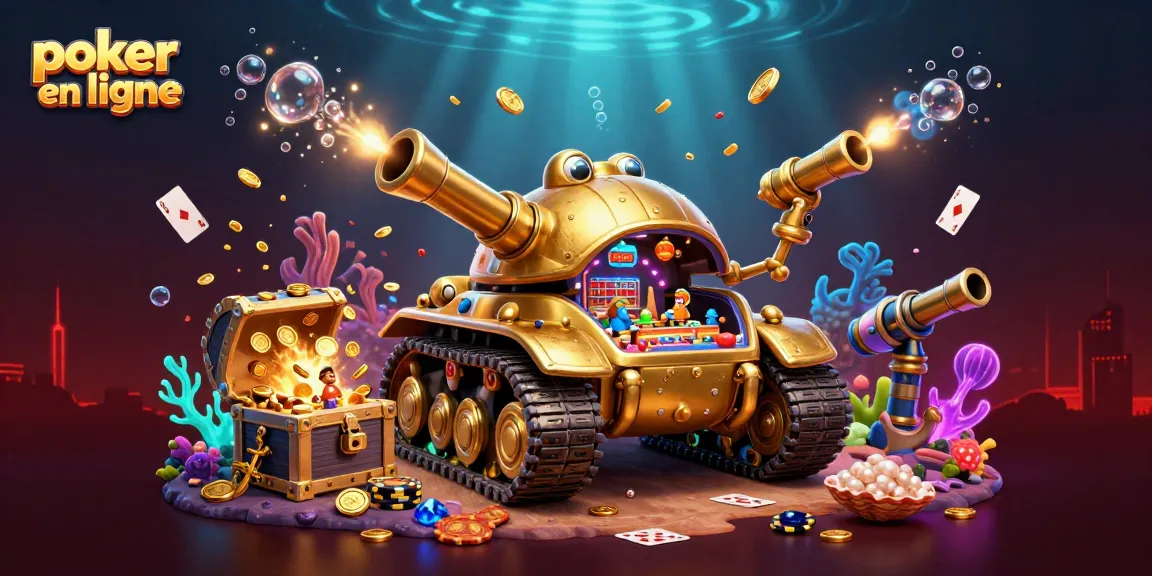 Jouez à poker en ligne dans un casino miniature sur un tank doré à l'intérieur, entouré de trésors sous-marins.