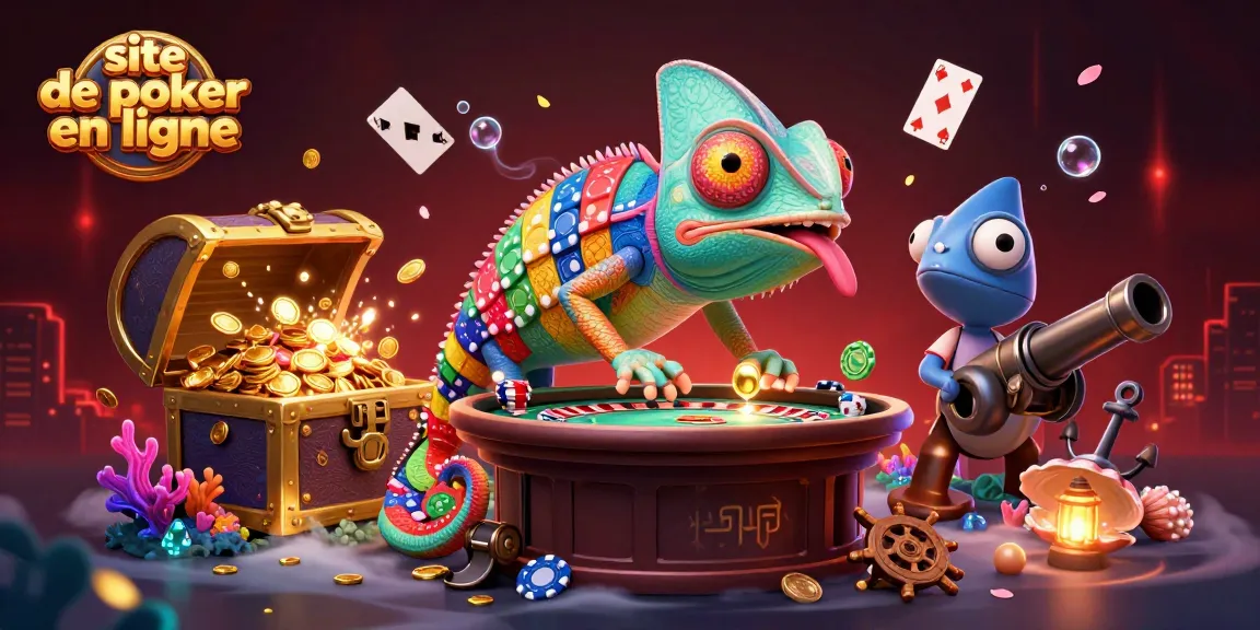 Plongez dans l'univers vibrant du site de poker en ligne avec ce chameleon extravagant saisissant des pièces d'or.