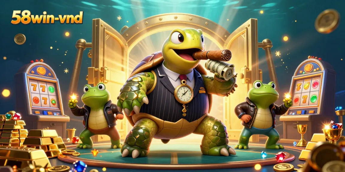 Engage with the thrilling atmosphere of 58win-vnd featuring 3D characters amidst gold and slot machines.