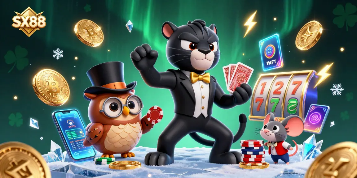 SX88 showcases a stylish cartoon panther dealing cards with an owl and a mouse surrounded by glowing crypto coins and vibrant casino elements.