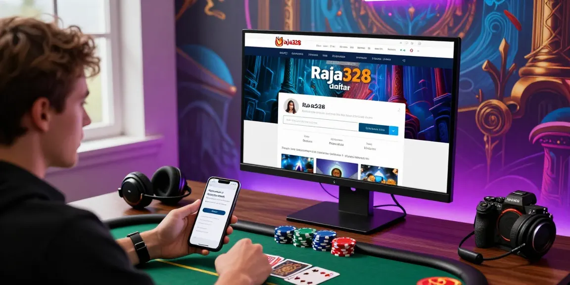 Exciting gaming setup showcasing raja328 daftar registration interface on a desktop, vibrant atmosphere with gaming accessories.