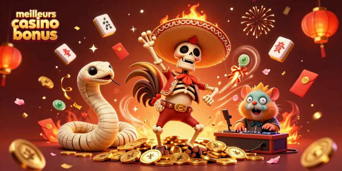 Les meilleurs casino bonus dévoilés dans une illustration dynamique avec des personnages en fête.