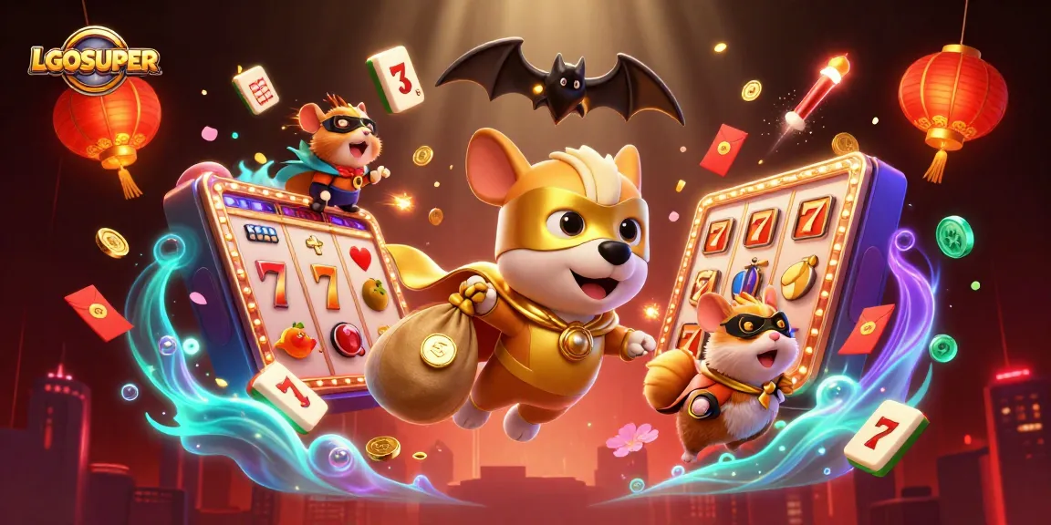 Experience thrilling gameplay with LGOSUPER, featuring a superhero dog and vibrant casino elements.