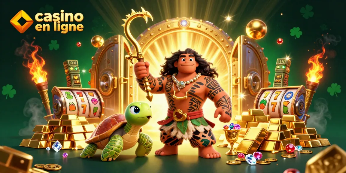 Plongez dans l'excitation du casino en ligne avec ce décor riche et vibrant rempli de trésors et de personnages animés.