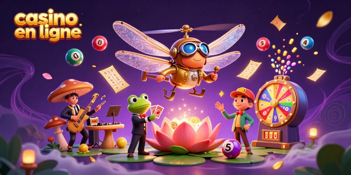Jouez au casino en ligne : un dragonfly pilote cartoon anime des jeux devant un croupier grenouille.