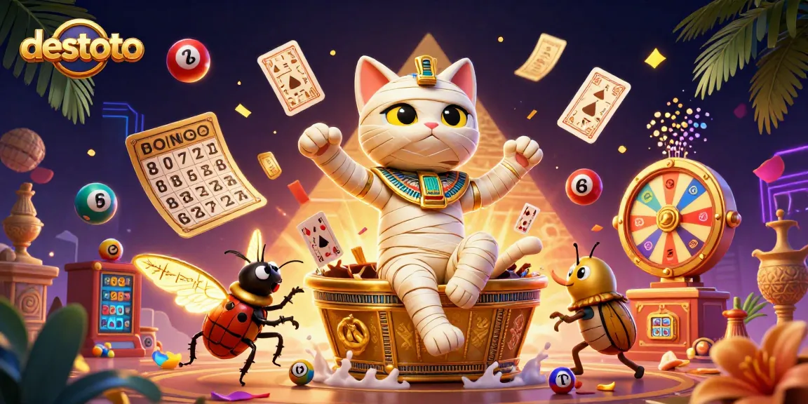 Experience big wins at destoto with a vibrant 3D illustration of a mummy cat and golden casino elements.