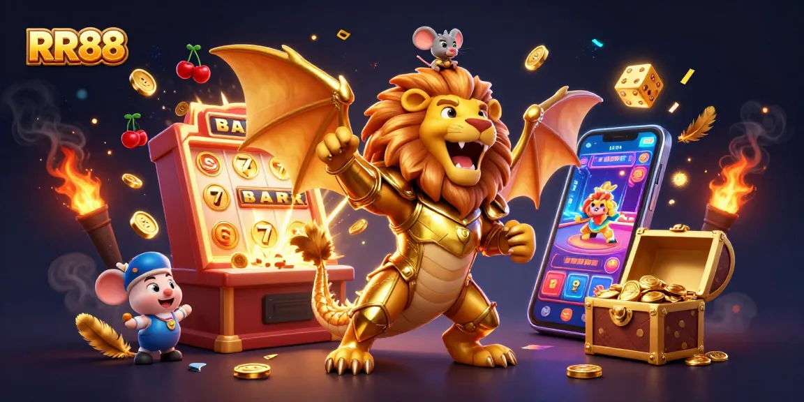 Experience thrilling wins at RR88 with a vibrant, dynamic casino illustration featuring characters and exciting game elements.