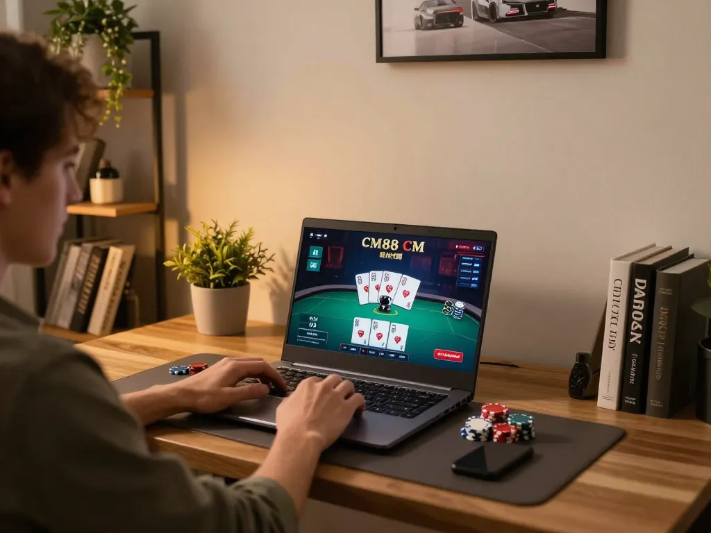 Engaged player enjoying CM88 CM poker online, laptop displaying exciting game interface