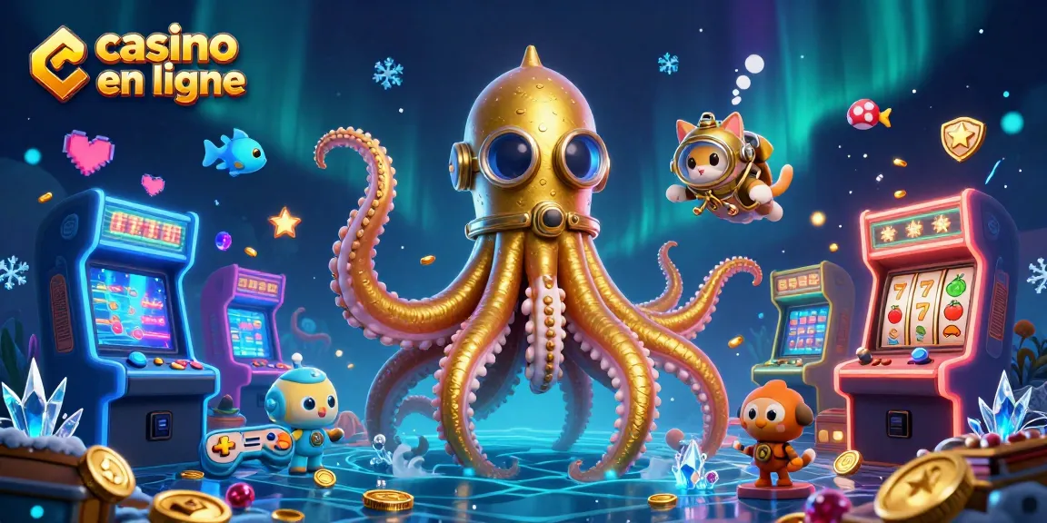 Plongez dans l'univers captivant du casino en ligne avec un kraken et un chat plongeur entourés de machines de jeux colorées.