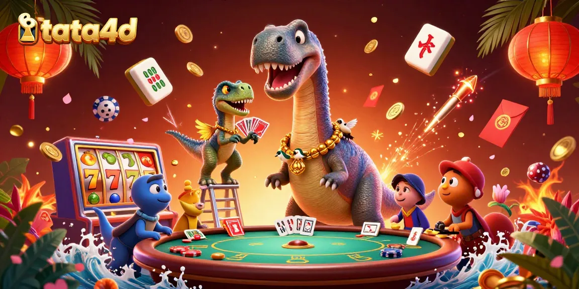 Tata4d showcases a vibrant 3D casino scene with a playful brontosaurus and raptor dealing cards.