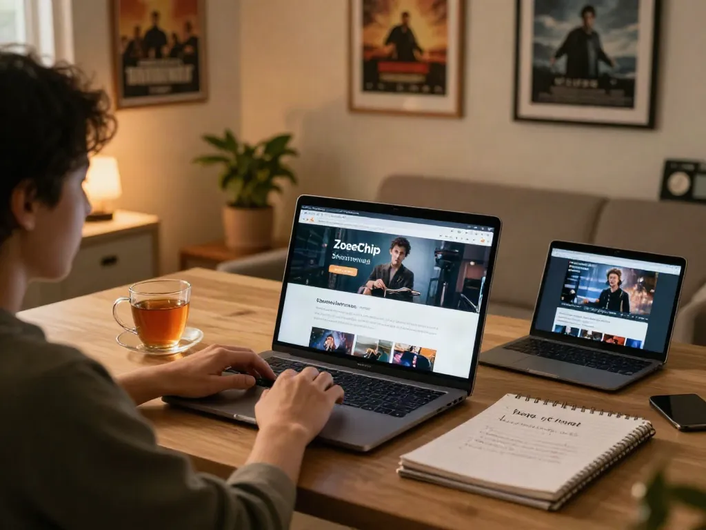 Person researching ZoeChip streaming with laptop and cozy ambiance
