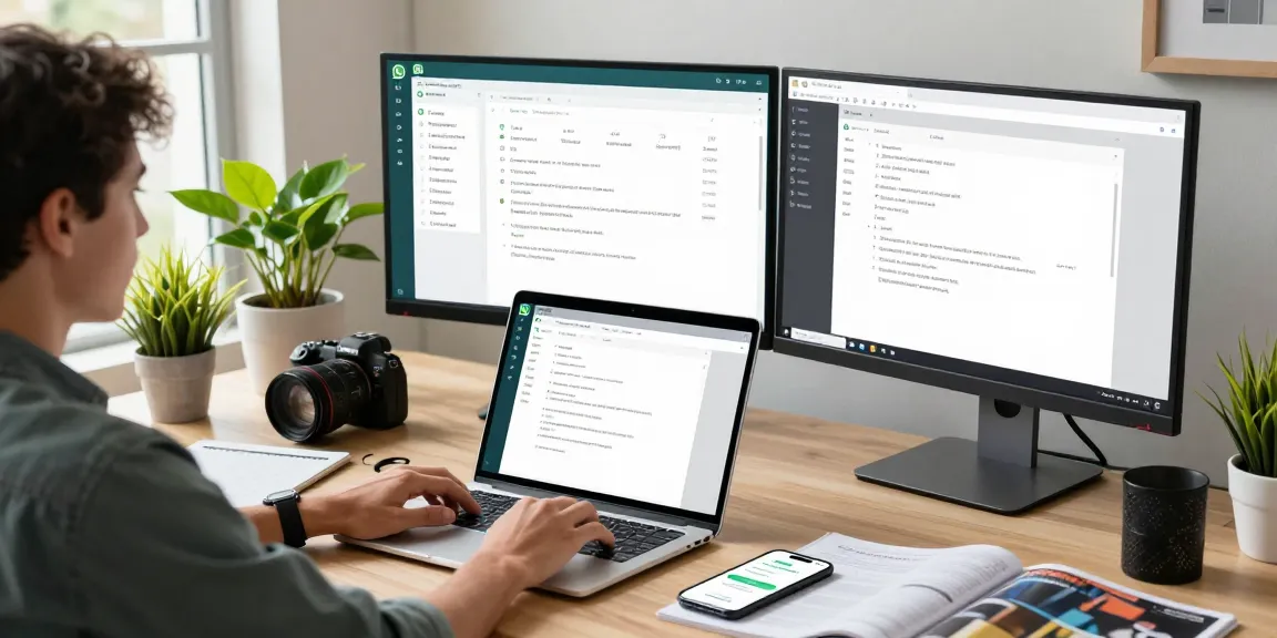 Using WhatsApp網頁版 on a laptop in a modern workspace with dual monitors and vibrant plants.