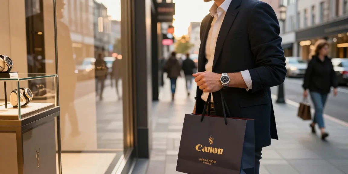 Person wearing rolex super clone watches while shopping in a vibrant urban setting with luxury boutiques.