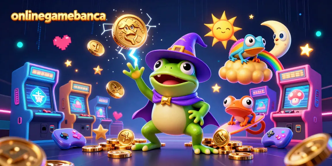 Experience onlinegamebanca's thrilling casino adventure with a wizard frog and chameleon amidst golden coins.