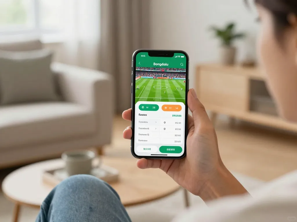 Bongdalu user checking live football scores on mobile app in a cozy home setting.