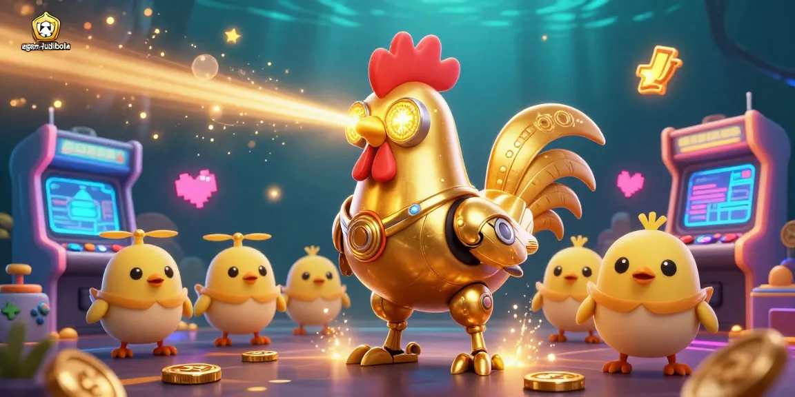 Engage with agen-judibola's energetic gaming scene with a golden rooster robot and arcade elements.