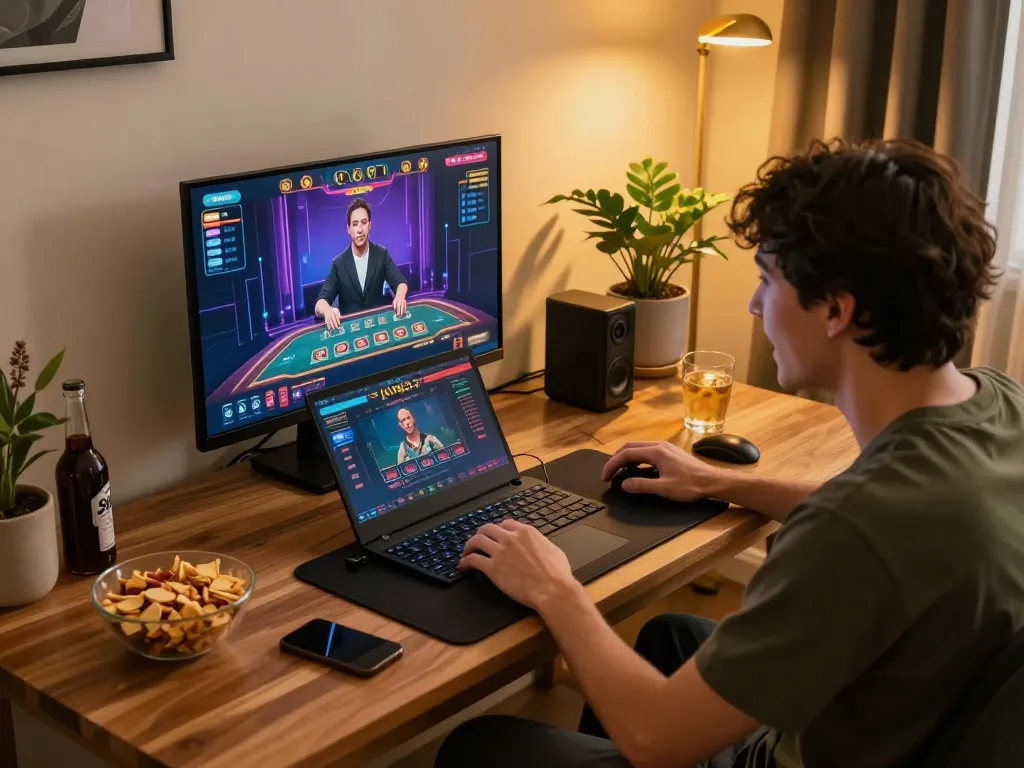 Player engaged in online gaming at King33 with laptop and live dealer
